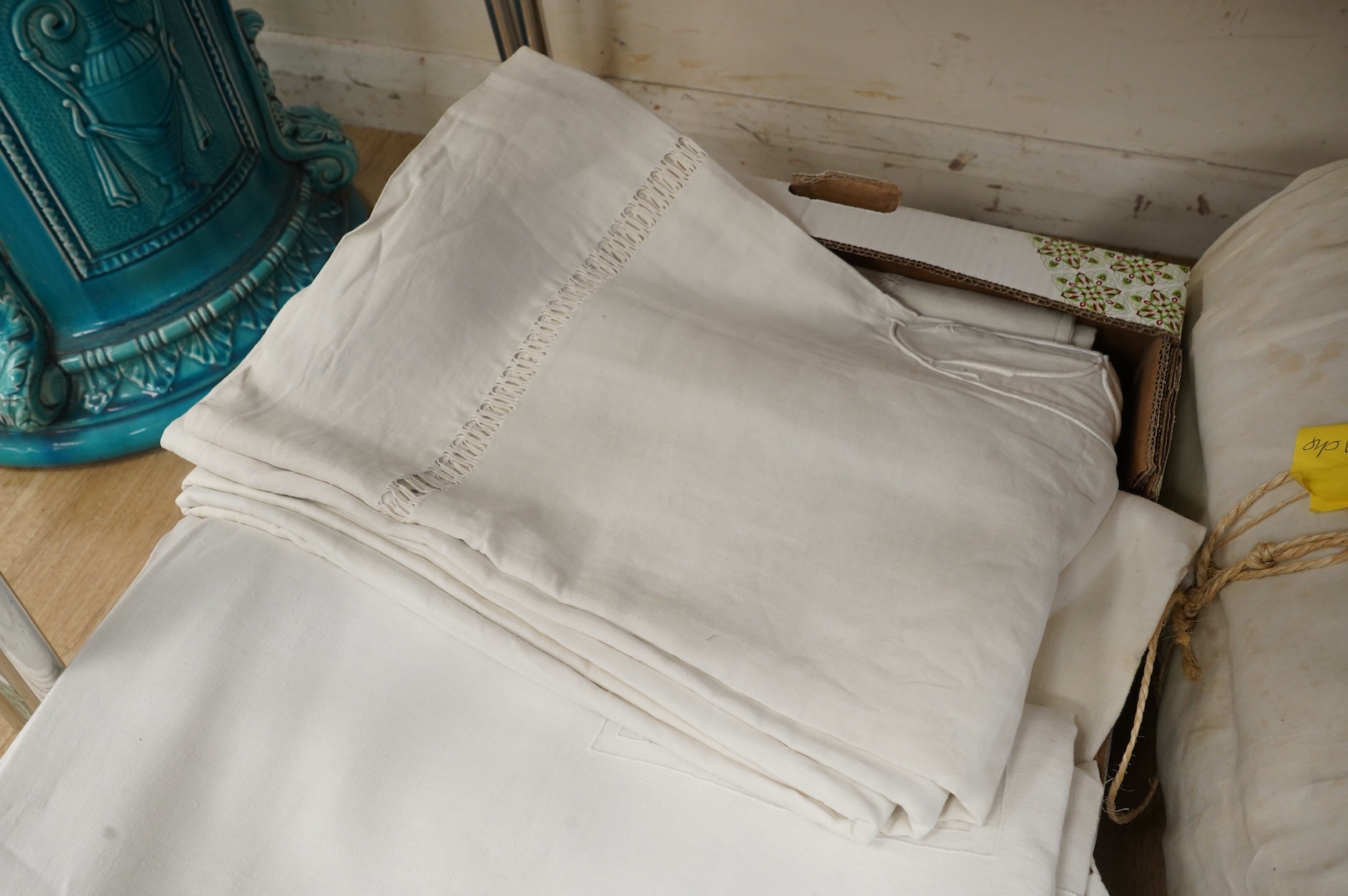 Six French provincial coarse linen monogrammed top sheets